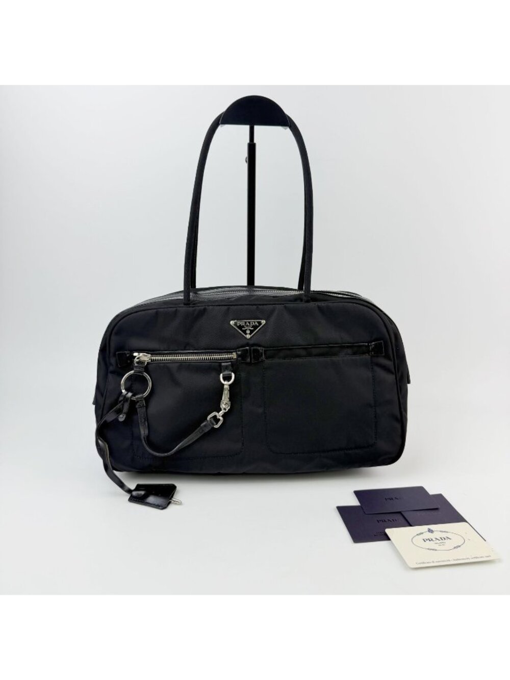 Prada Bowling Triangle Logo Front Pocket Shoulder Bag Nylon Leather Black